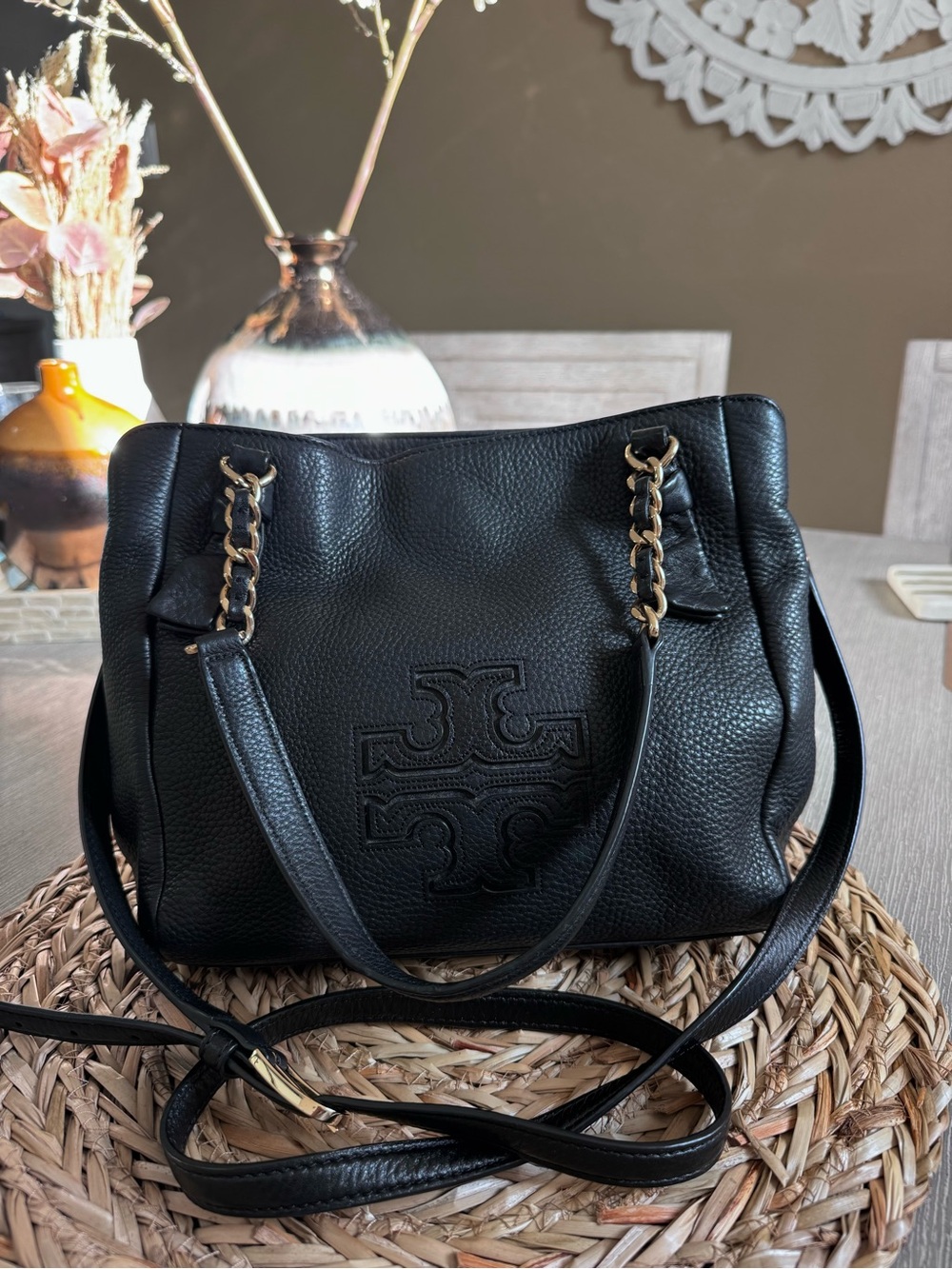 Tory Burch Black Pebbled Leather Shoulder Bag with Gold Chain Accents